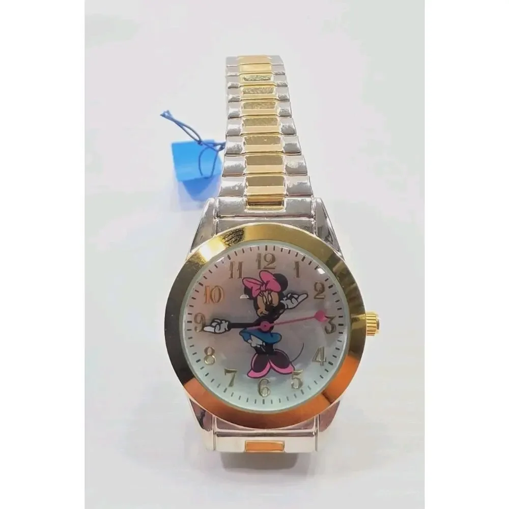 Disney Minnie Mouse High Dome Face Gold & Silver Tone Band Watch New Battery 262